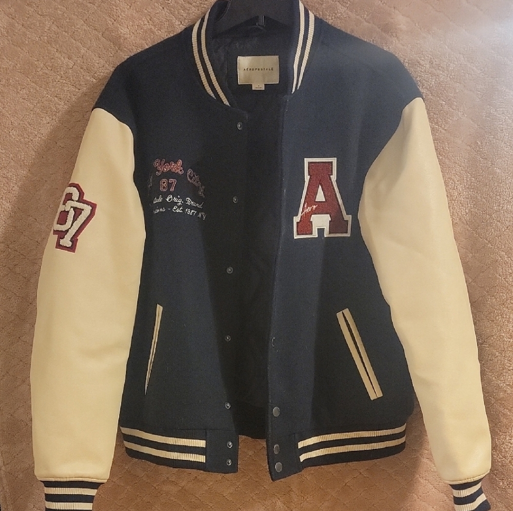 Aeropostale Navy and White Varsity Jacket